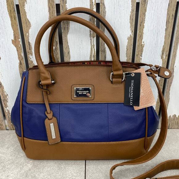 Tignanello Ink/Cognac Leather Satchel Handbag Striped Interior - New with Tags - Picture 1 of 11
